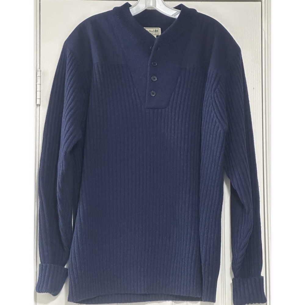 LL Bean Mens XL Navy Merino Lambswool Commando Henley Sweater Ribbed Wool